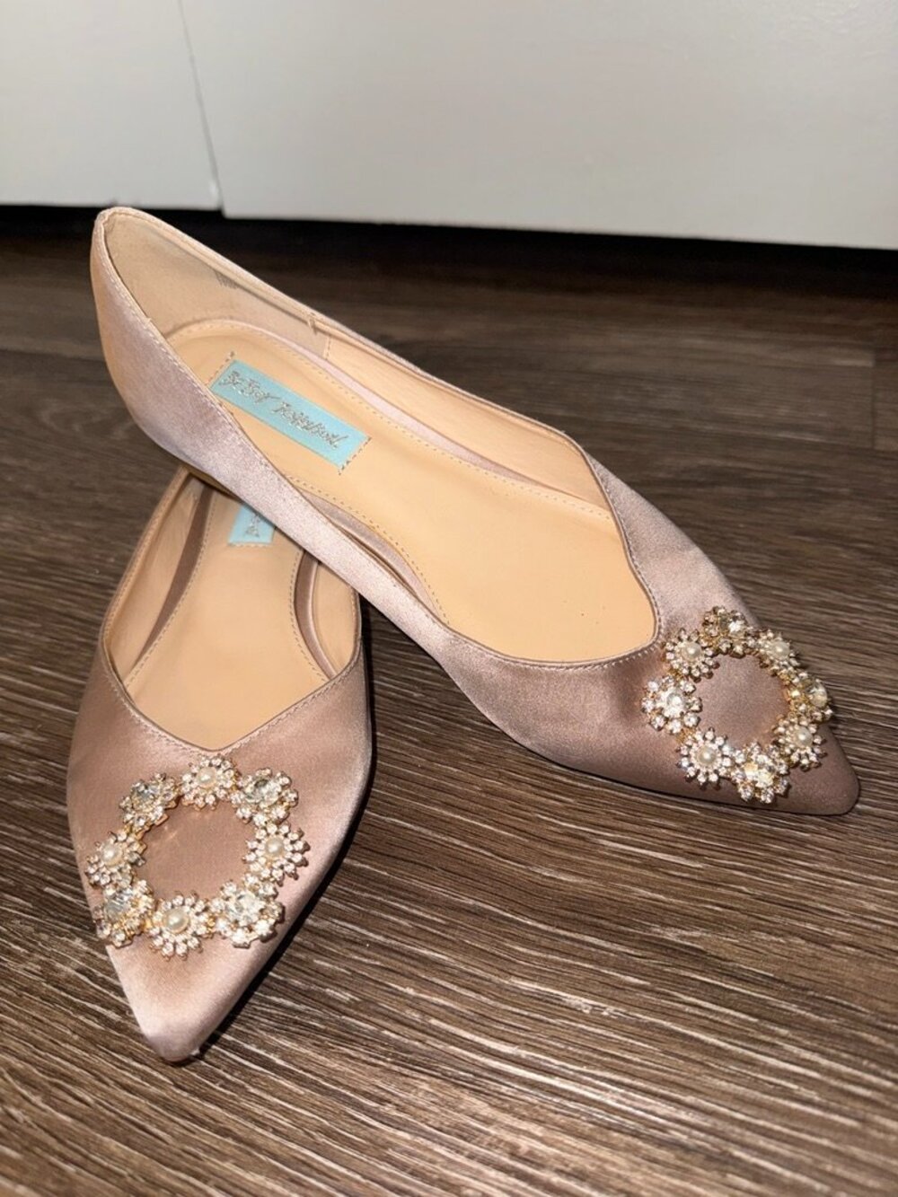 Betsey Johnson Diana Champagne Satin Rhinestone Flats Size 7M